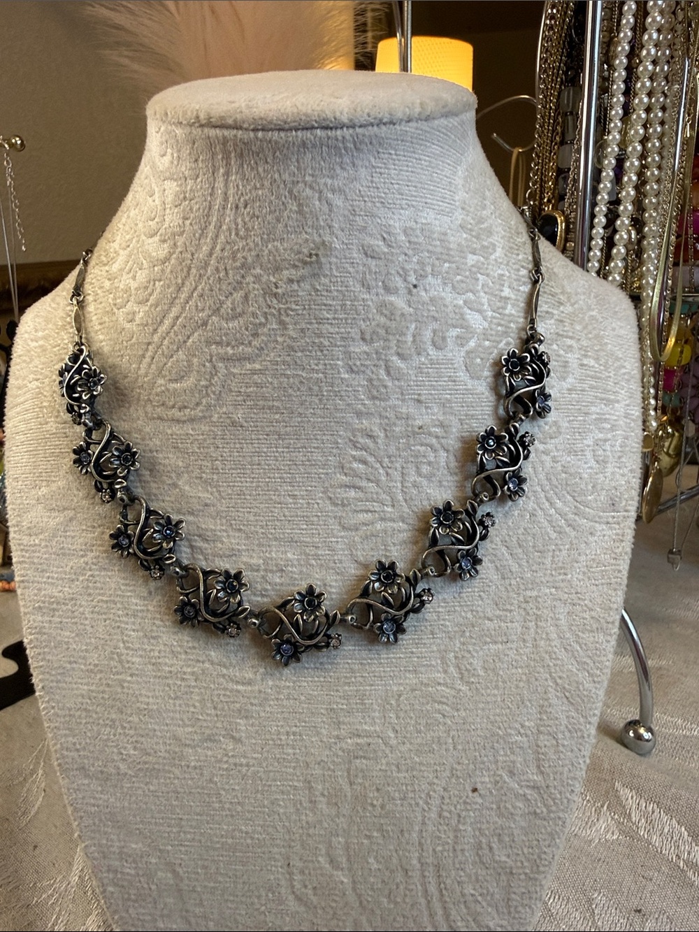 Sterling-Style Floral Silver Necklace - Blackened Finish